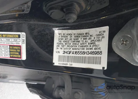 2008 Honda Civic Lx из США, поврежденный, VIN 2HGFA16558H346988